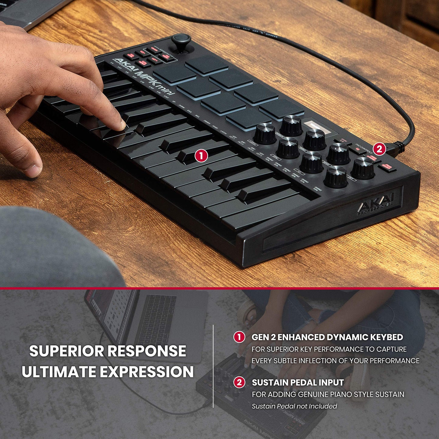 AKAI Professional Midi Controller + Sustain Pedal Bundle - MPKMINI3B
