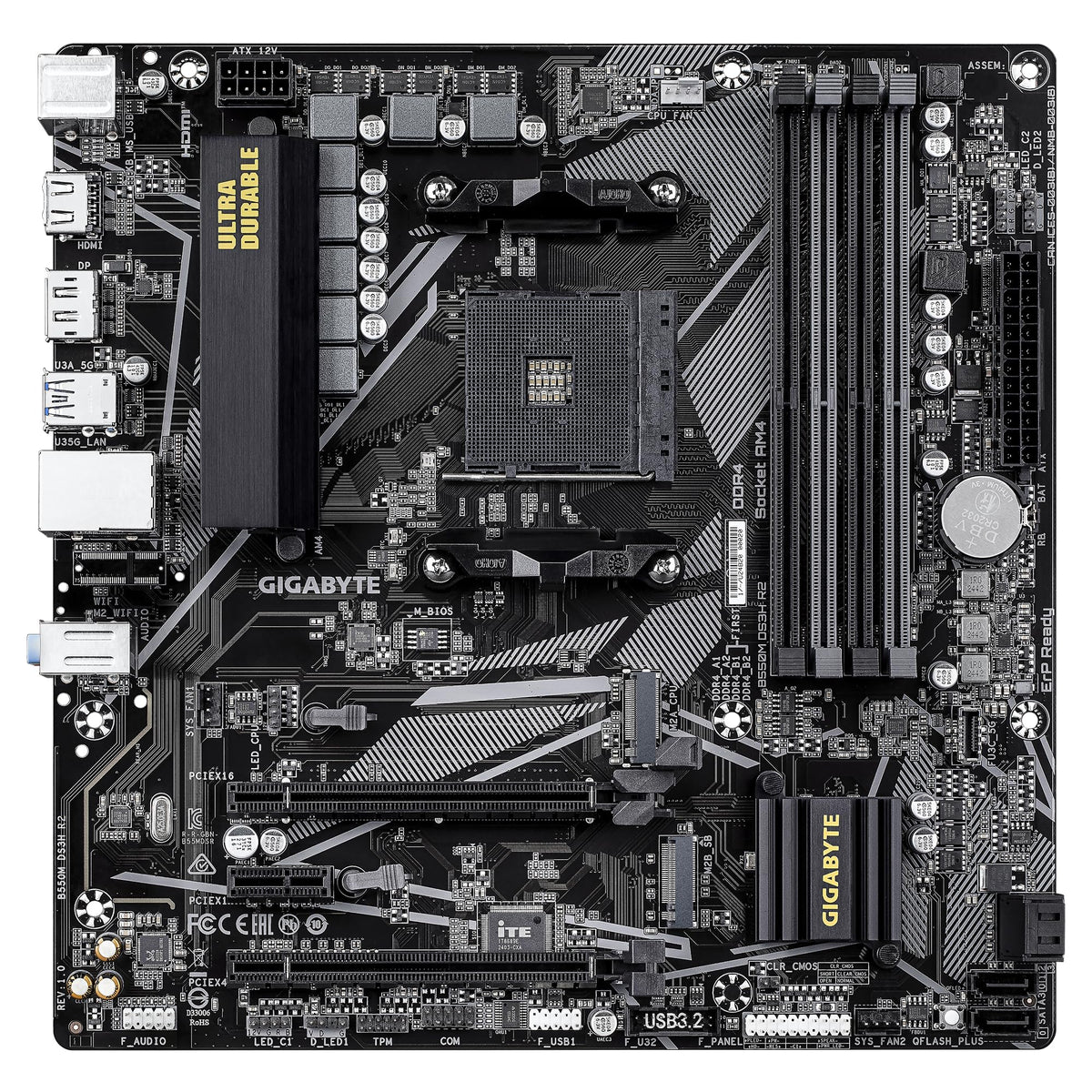 Placa de bază GIGABYTE B550M DS3H R2 – Procesor AMD Ryzen 5000, VRM cu 5+3 faze, până la 4733 MHz DDR4 (O.C.), 1x PCIe 4.0 + 1x PCIe 3.0 M.2, LAN 1 GbE, USB 3.2 Gen 1