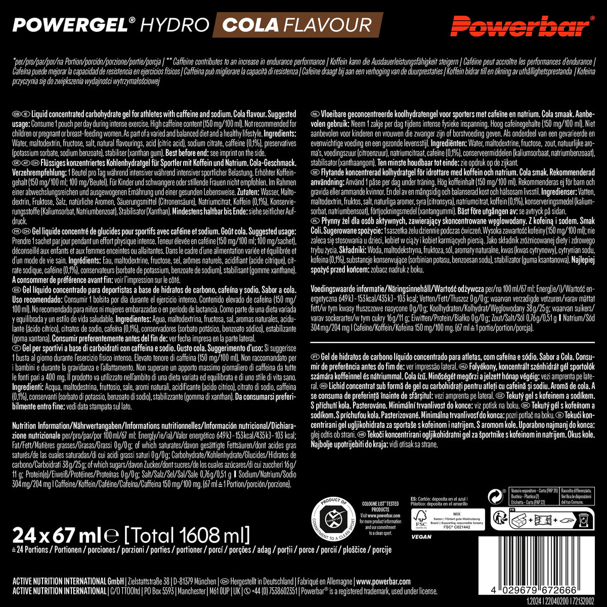 Powerbar PowerGel Hydro (24x67ml) Cola (cu cafeină) - Energie & Stamina - Gel de energie - 22040200