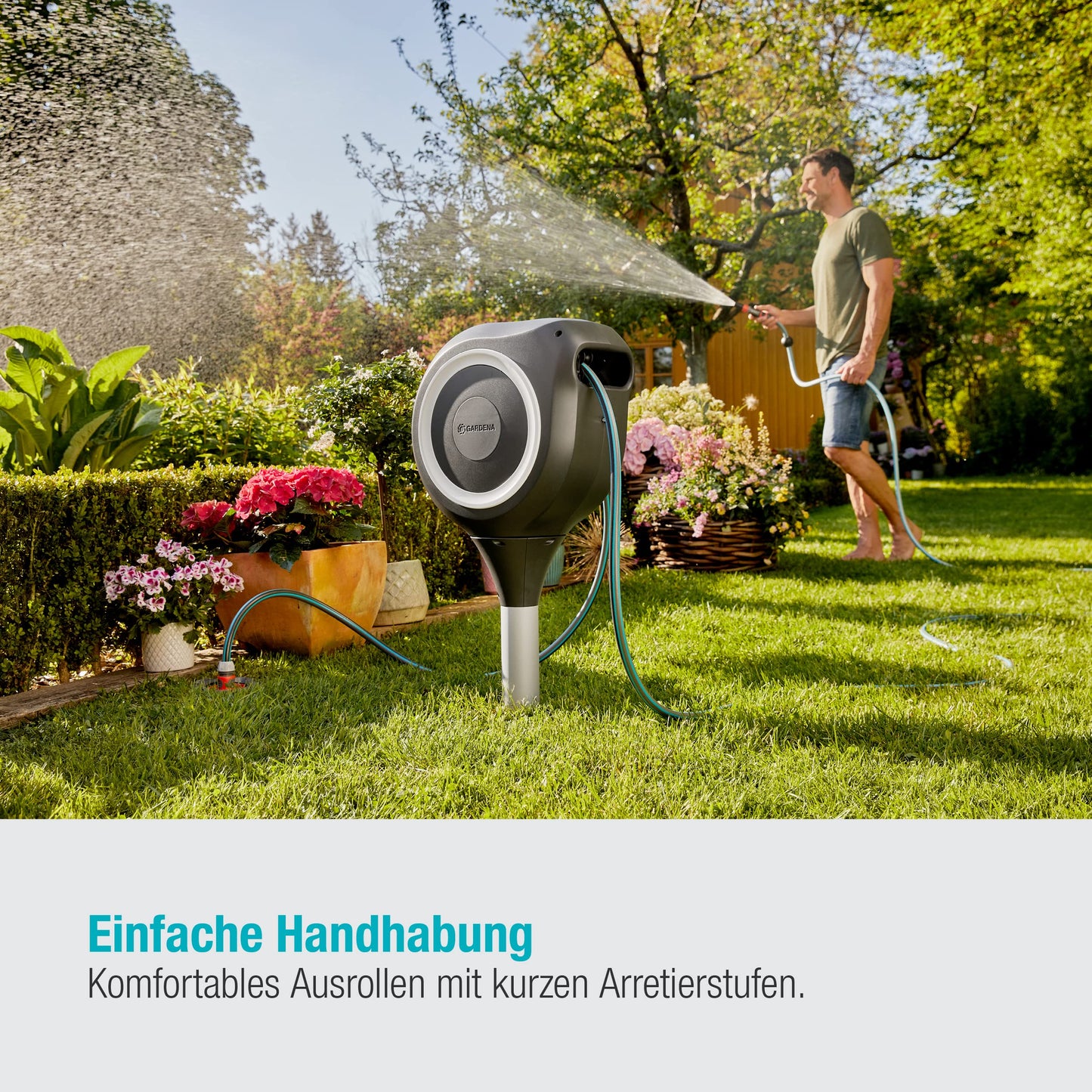 Gardena Garden and Terrace Hose Box RollUp M: Weatherproof box with RollUp technology and 20 m hose, irrigation of medium-sized gardens with terraces, automatic roll-up (18615-20) - 18616-60