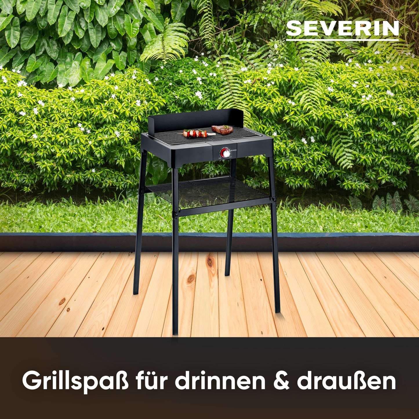 SEVERIN free-standing grill with stainless steel grill rack and base frame and storage rack, electric grill with quick grill start, balcony grill without risk of burns, black, PG 8566