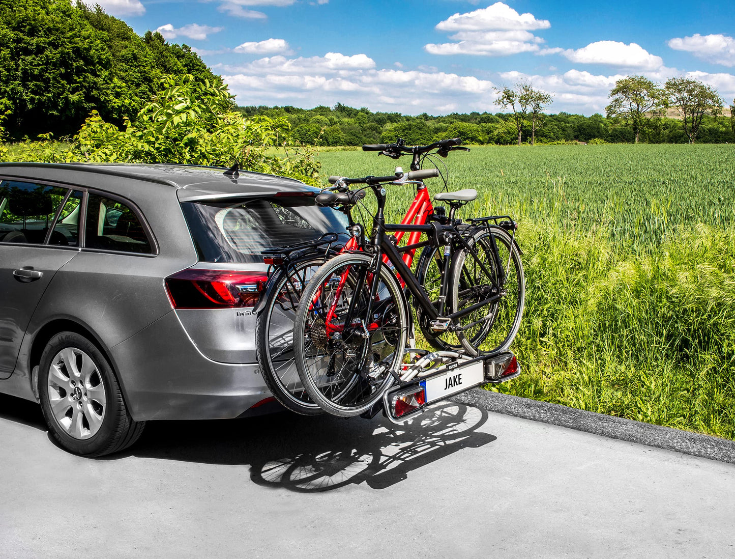 EUFAB 11510 bicycle carrier JAKE, suitable for e-bikes, partially pre-assembled, expandable, anti-theft protection, for 2 bicycles, for trailer hitch