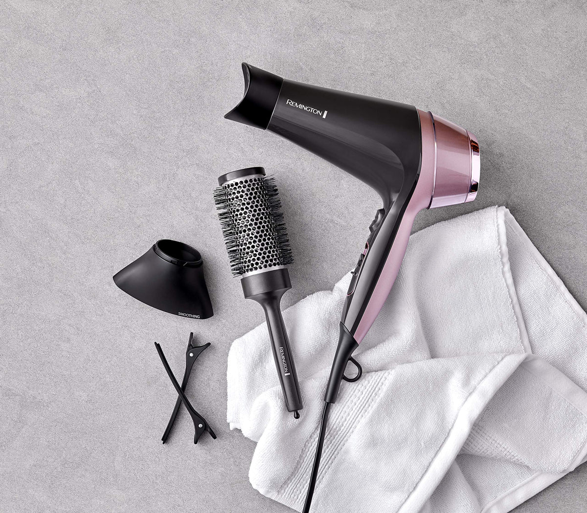 Remington Hair Dryer Ions [Curls & Waves & Straight] Curl-Straight (2200W, includes 3 styling attachments: conical & curling styling nozzle & diffuser, 45mm round brush & clips, 3 heat & 2 speed settings) D5707