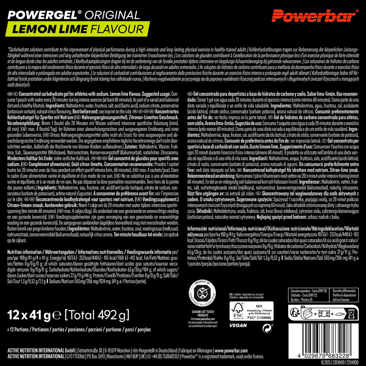 Powerbar - PowerGel Original - Lămâie Lime - 12x41g - Gel energetic cu conținut ridicat de carbohidrați - Sodiu - fără cofeină - 22010410