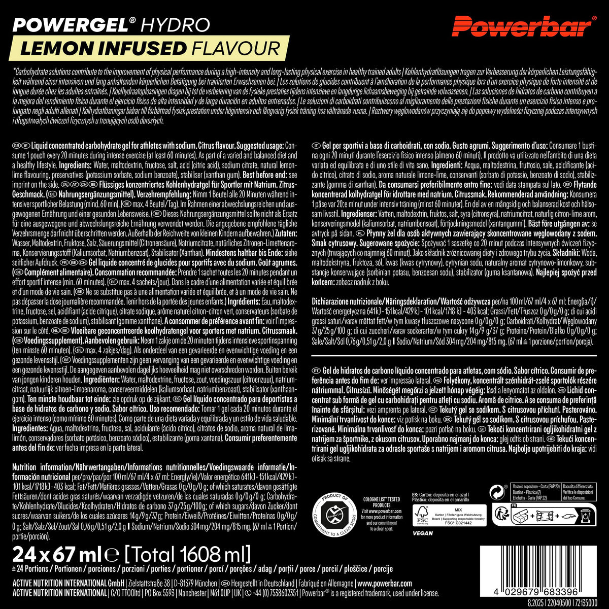 Powerbar - PowerGel Hydro - Infuzat cu lămâie - 24x67ml - Gel energetic cu carbohidrați ridicați - fără cofeină - Sodiu&Sodiu - 22040500